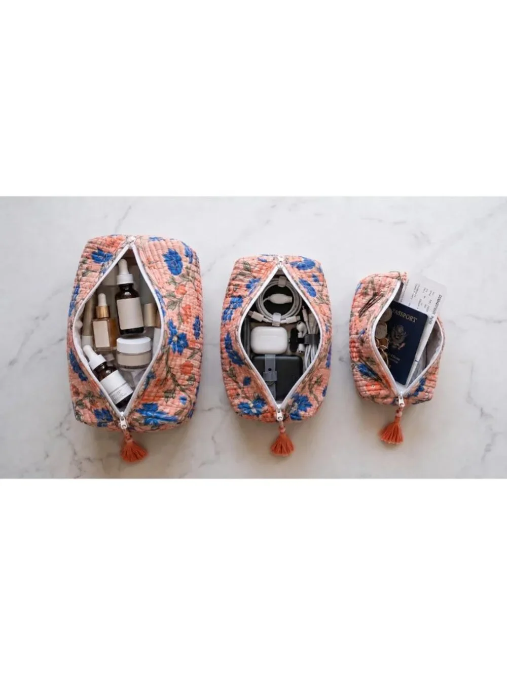 Floral Travel Cosmetic Case - Apricot Blue, Zippered, Cotton, 9x4x7 Inches